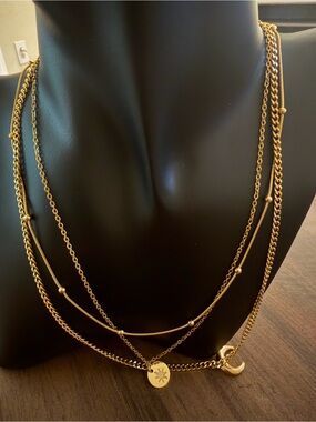 Layered Gold Crescent & Star Pendant Necklace - Women's Gold Tone
